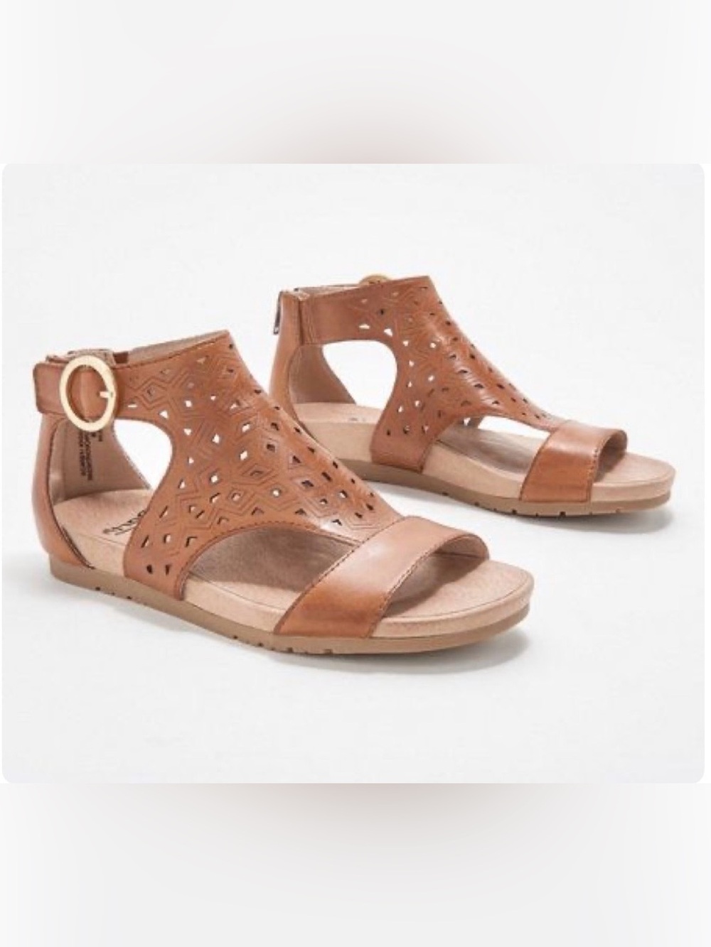 Earth Linden Lebanon Tan Leather Laser-Cut Ankle Strap Sandals Sz 10